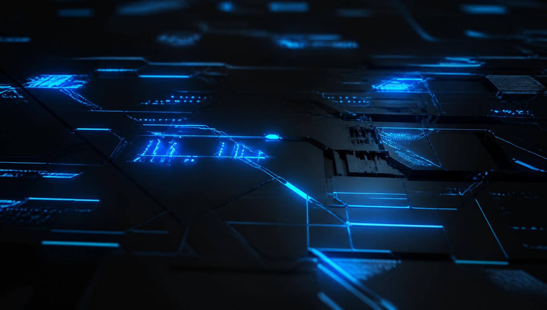 Abstract circuitry lit by electric blue light